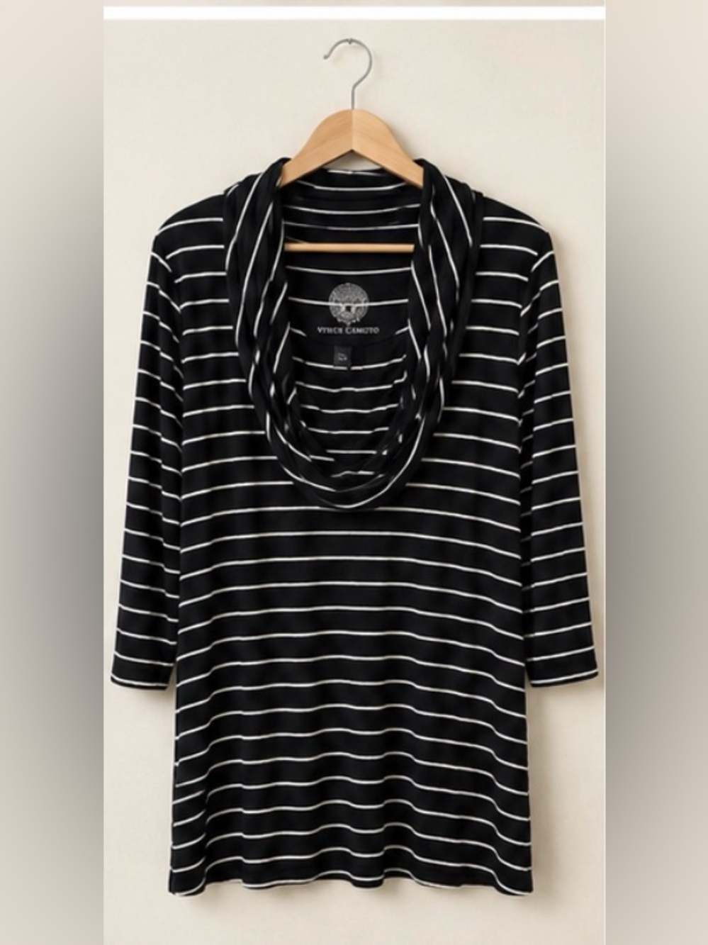 Vince Camuto Black White Striped Cowl Neck Tunic Top stretch XL